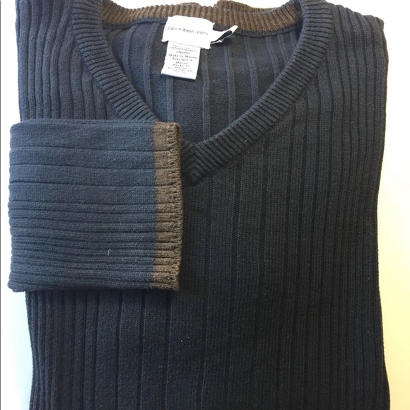 Calvin Klein CK Ribbed Men Sweater V-Neck Navy Large 100% Cotton Brown - Picture 7 of 10